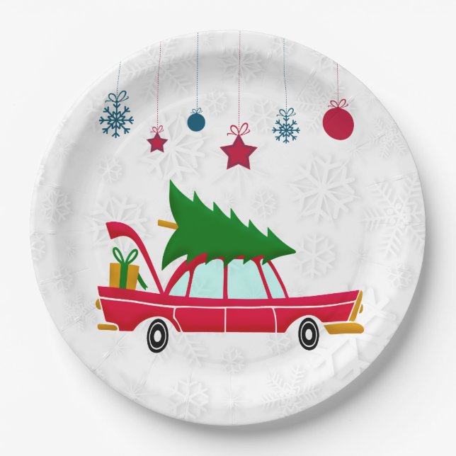 Assiettes En Carton Voiture rouge rétro portant un arbre de Noël (Devant)