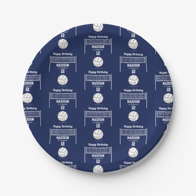 Assiettes En Carton Volleyball Ball & Net Marine Blue Anniversaire Nom (Devant)
