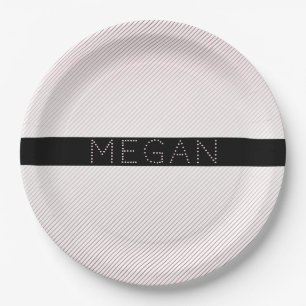 Assiettes En Carton Votre nom Blanc fin et Rose subtil Ombre Stripes