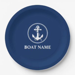 Assiettes En Carton Votre Nom De Bateau Ancre Avec Rope Navy Blue 9"