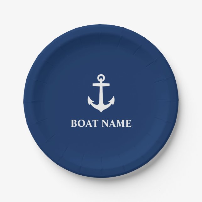 Assiettes En Carton Votre nom de bateau Ancre Marine Blue 7" (Devant)