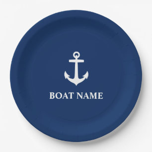 Assiettes En Carton Votre nom de bateau Ancre Marine Blue 9"