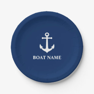 Assiettes En Carton Votre nom de bateau Ancre Vintage Marine Blue 7"