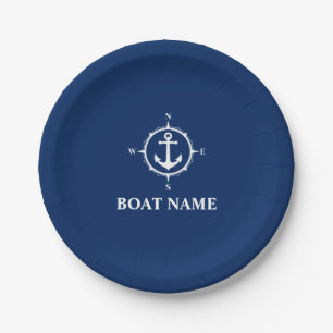 Assiettes En Carton Votre nom de bateau Compass Ancre Navy Blue 7"