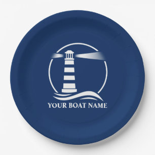 Assiettes En Carton Votre nom de bateau ou votre texte Phare Navy Blue