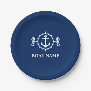 Assiettes En Carton Votre nom de bateau Seahorse Ancre Navy Blue 7"