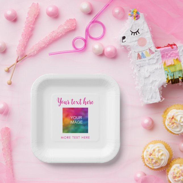 Assiettes En Carton Votre Nom De Texte Image Ici Rose & Blanc (Fête)