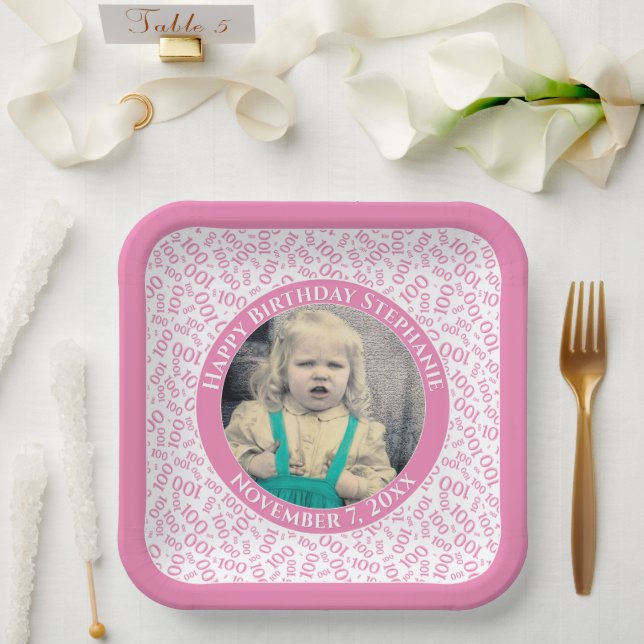 Assiettes En Carton Votre photo 100 Motif au hasard rose/blanc (Mariage)