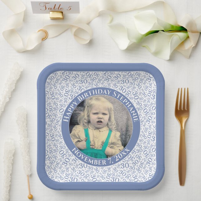 Assiettes En Carton Votre photo 30 au hasard Motif bleu/blanc (Mariage)