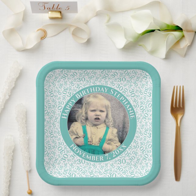 Assiettes En Carton Votre photo 30 Motif de nombre aléatoire Turquoise (Mariage)