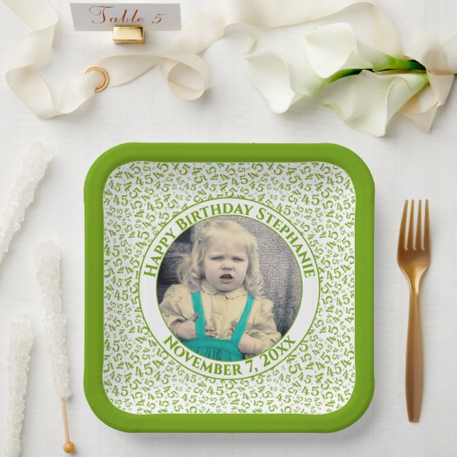 Assiettes En Carton Votre photo 45 motif numérique aléatoire vert/blan (Mariage)