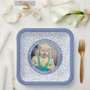 Assiettes En Carton Votre photo 50 nombre aléatoire Motif bleu/blanc