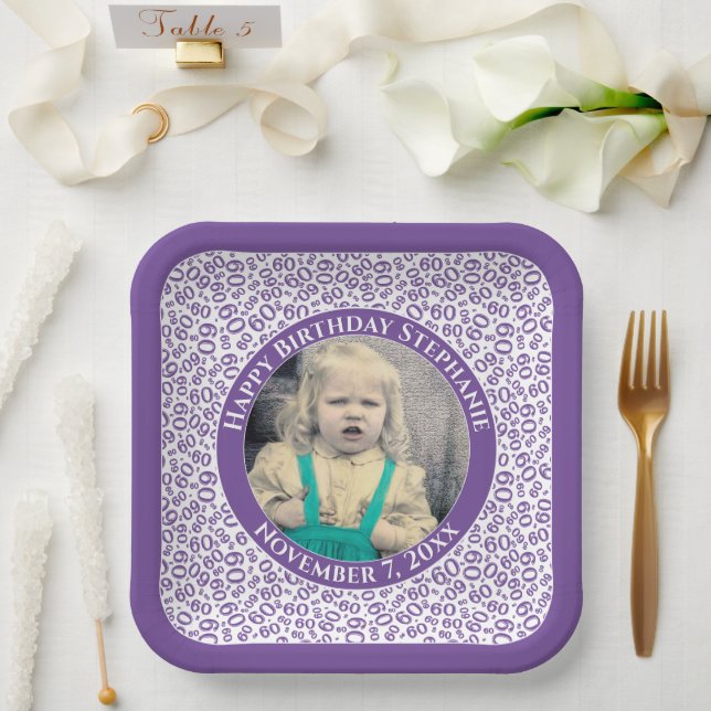 Assiettes En Carton Votre photo 60 Motif de numéro aléatoire violet/bl (Mariage)