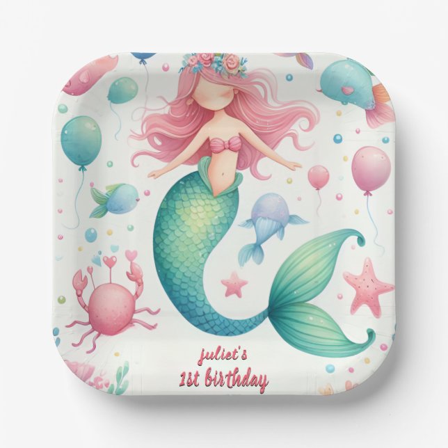 Assiettes En Carton votre poisson cool mer bleu sirène océan 1er anniv (Recto)