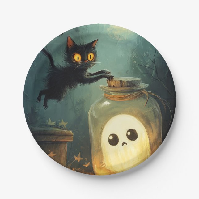 Assiettes En Carton Vous avez - Chat d'Halloween et fantôme (Devant)