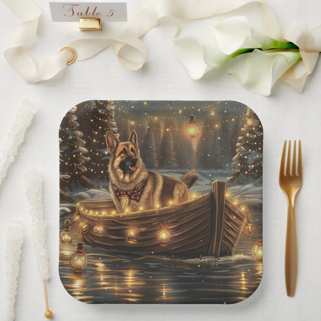 Assiettes En Carton Voyage de Noël du berger allemand (Mariage)