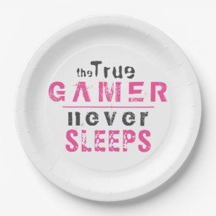 Assiettes En Carton Vrai Joueur ne dort jamais Gamer Typographie Rose
