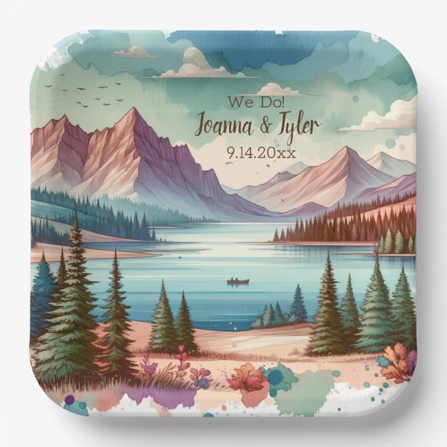Assiettes En Carton Vues de montagne à l'aquarelle pour mariage  (Recto)