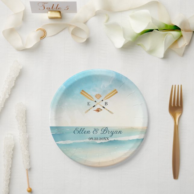Assiettes En Carton Watercolor Beach Oars Mariage (Mariage)