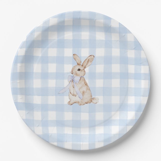 Assiettes En Carton Watercolor Blue Gingham Bunny (Devant)