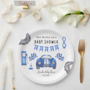 Assiettes En Carton Watercolor Blue Race Car Baby shower