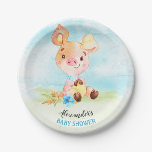 Assiettes En Carton Watercolor Boy Piggy Baby shower Farm
