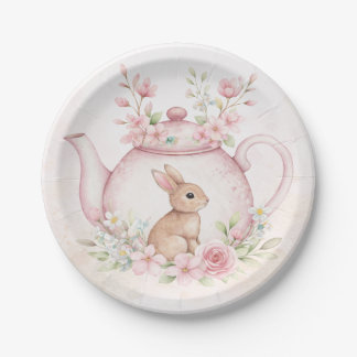 Assiettes En Carton Watercolor Bunny Rabbit Tea Pot Floral Baby Shower