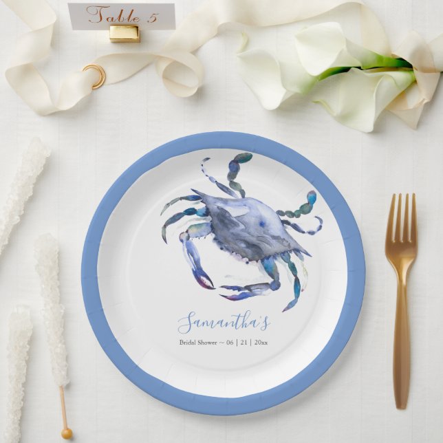 Assiettes En Carton Watercolor Crab Dusty Blue Beach Fête des mariées (Mariage)