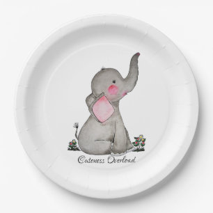 Assiettes En Carton Watercolor Cute Baby Elephant With Blush & Flowers
