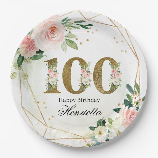 Assiettes En Carton Watercolor Floral & Gold 100th Birthday Custom (Devant)
