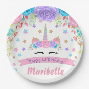 Assiettes En Carton Watercolor Floral Unicorn Visage Anniversaire