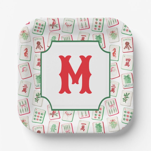 Assiettes En Carton Watercolor Mahjong Red & Green Christmas  Monogram (Recto)