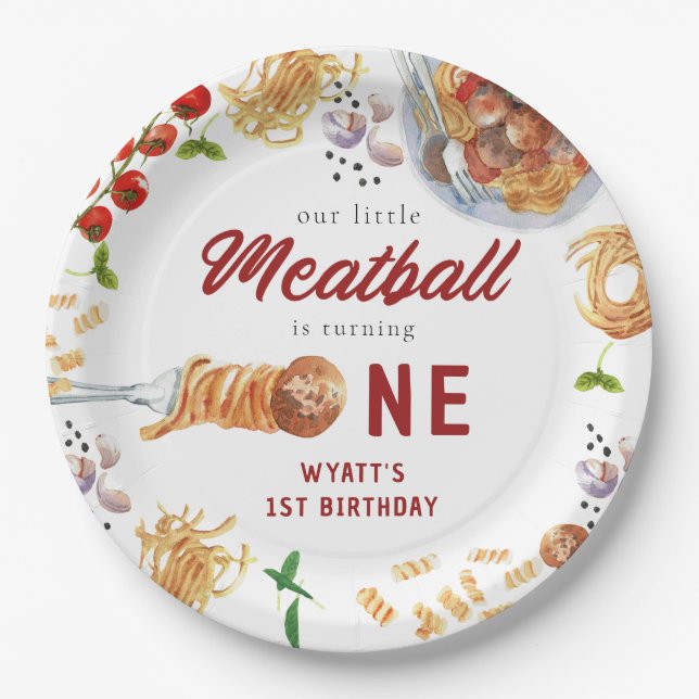 Assiettes En Carton Watercolor Meatball Italien 1er anniversaire (Devant)