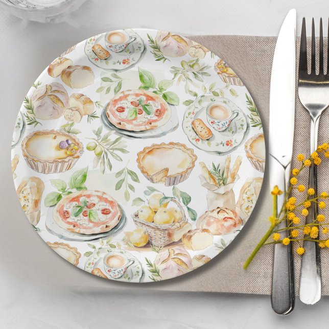Assiettes En Carton Watercolor Mediterranean Food Pattern (In situ)