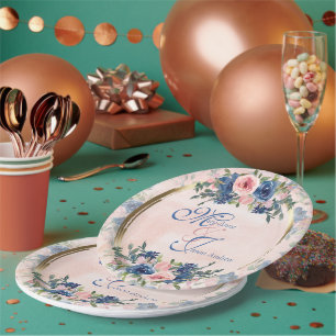 Assiettes En Carton Watercolor Navy & Blush Mariage