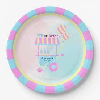 Assiettes En Carton Watercolor Pink and Blue Circus Tent Gender Reveal