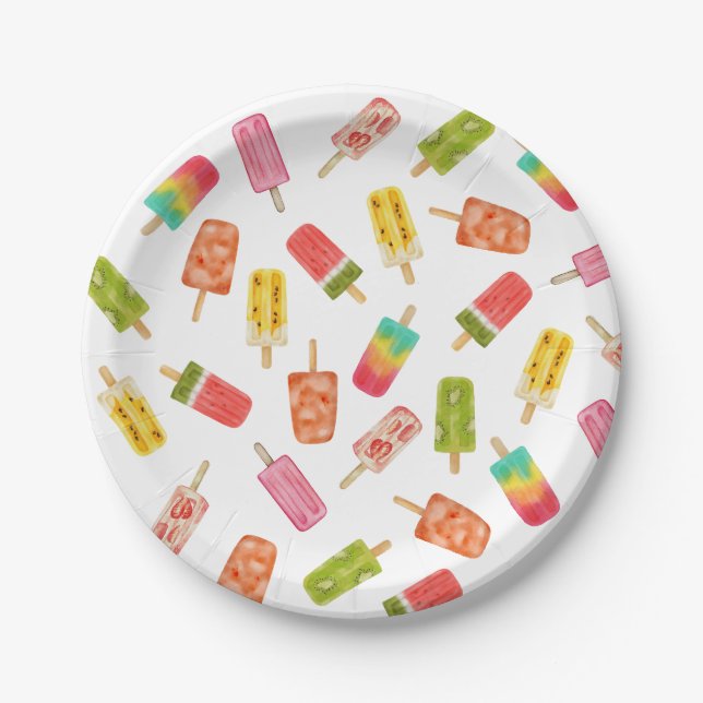 Assiettes En Carton Watercolor Popsicles fête d'été (Devant)