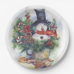 Assiettes En Carton Watercolor snowman Christmas tree New Year winter