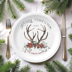 Assiettes En Carton Watercolor Stag Joyeux Noël Botanique