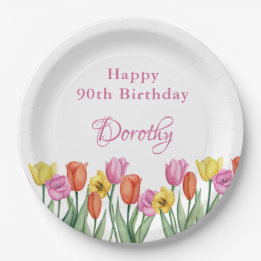 Assiettes En Carton Watercolor Tulips 90th Birthday Party