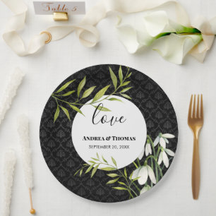 Assiettes En Carton Watercolor White Snowdrops et Laurel Damask
