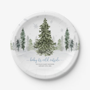 Assiettes En Carton Watercolor Winter Forest Baby shower bleu