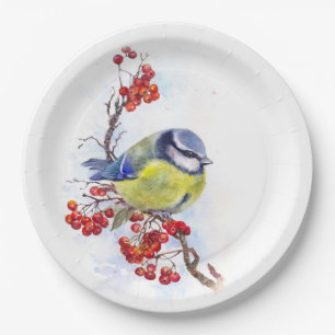 Assiettes En Carton Watercolor winter titmouse bird illustration branc