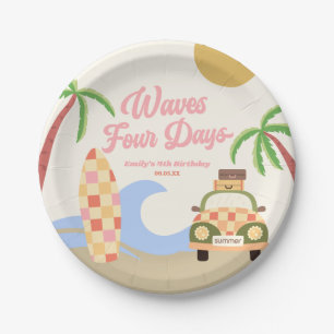 Assiettes En Carton Wave Four Days Surf Board Rose 4e anniversaire fêt