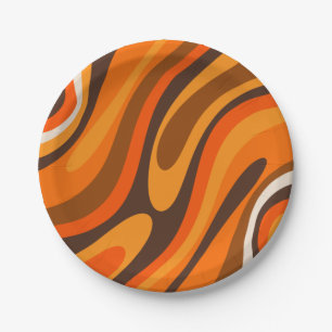 Assiettes En Carton Wavy Loops Retro Abstrait années 1970 Brown et ora