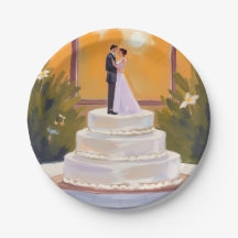 Wedding Cake Bride & Groom Brunette Watercolor