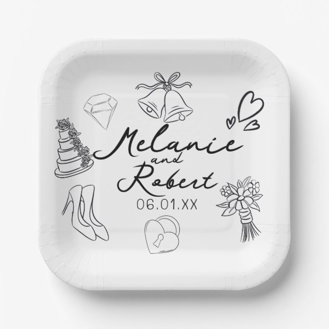 Assiettes En Carton Wedding Doodle Save the Dates Wedding Anniversary  (Recto)