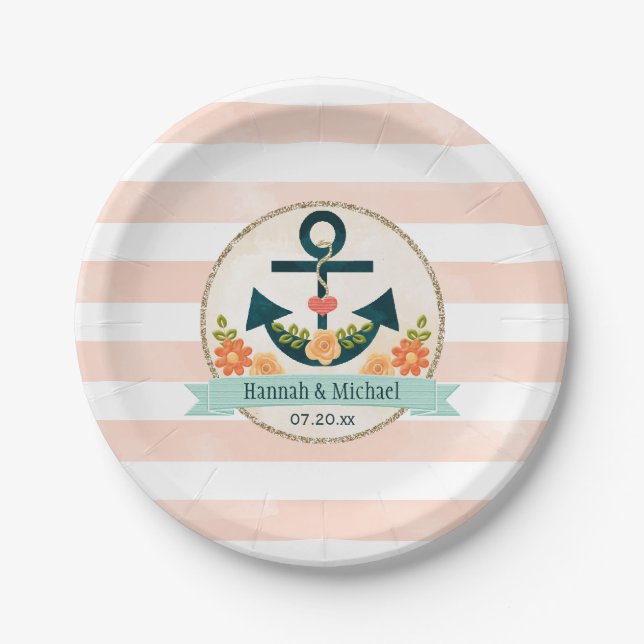 Assiettes En Carton Wedding shower d'Ancres nautiques de Corail et de  (Devant)