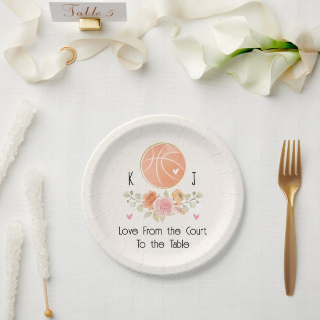 Assiettes En Carton Wedding shower de basket-ball floral monogramme (Mariage)