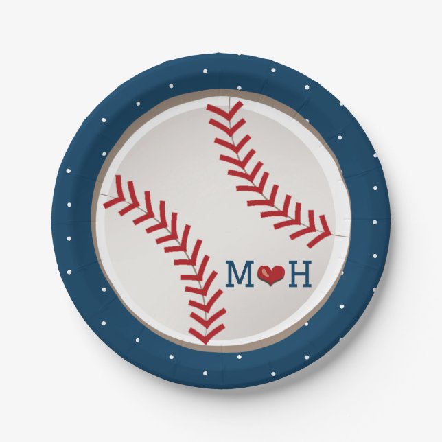 Assiettes En Carton Wedding shower de coeur de baseball monogramme (Devant)